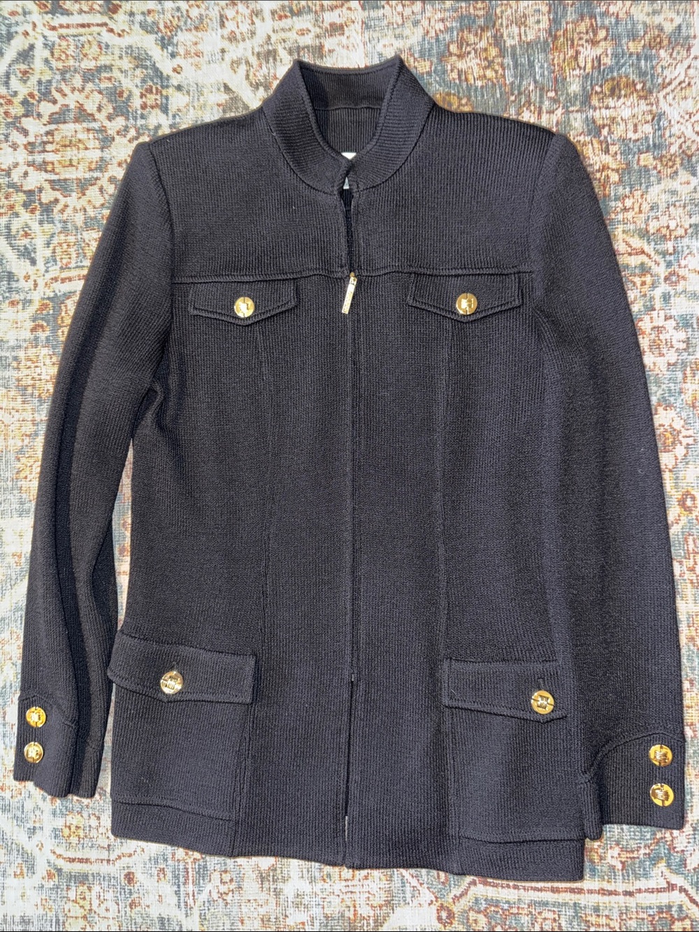St. John Collection Navy Knit Zip Jacket with Gold Buttons by Marie Gray sz 4
